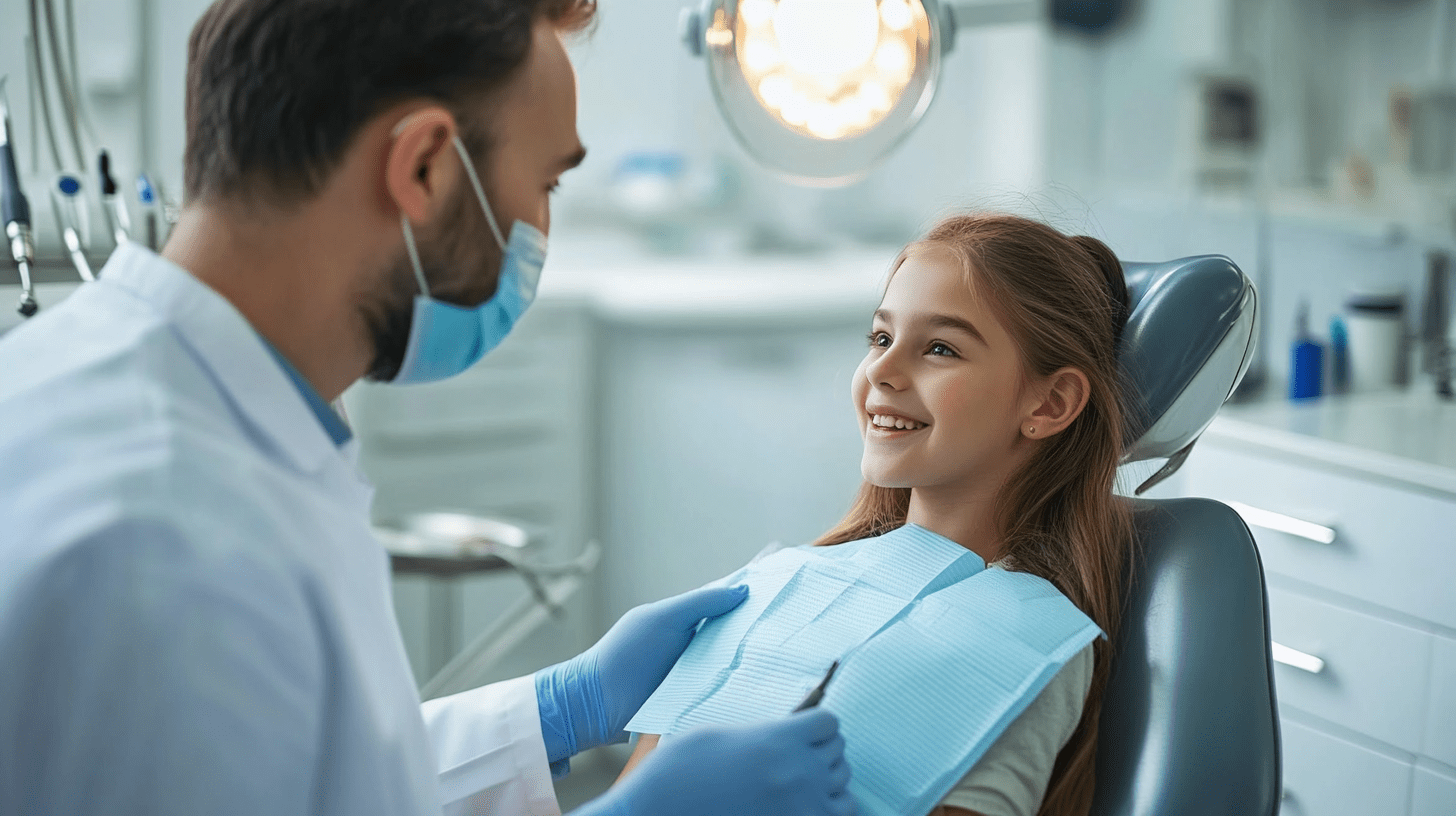 A dentist talking to a young patient in his clinic in Solana Beach, San Diego.