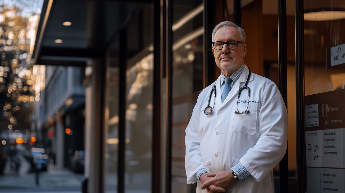 A doctor standing outside his clinic in the Sydney CBD.