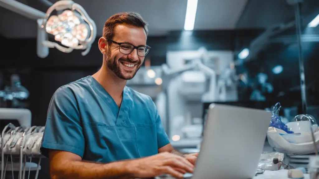 A dentist working on his technical seo on his laptop in his dental clinic.