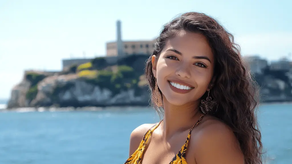 A woman standing on a boat near Alcatraz Island smiling to the camera with her white teeth.