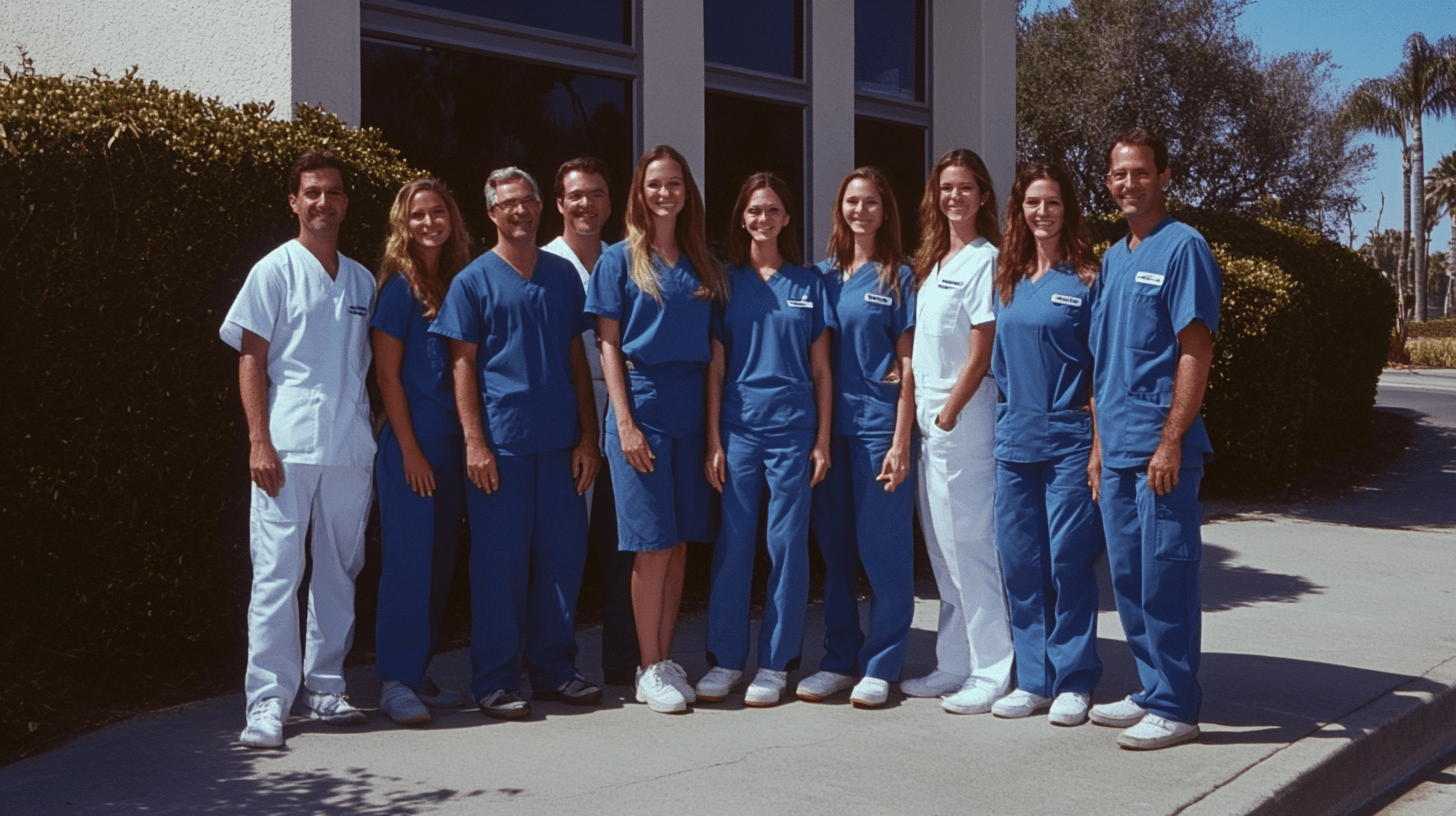 A team of dentists standing outside their clinic in Torrey Pines, California.