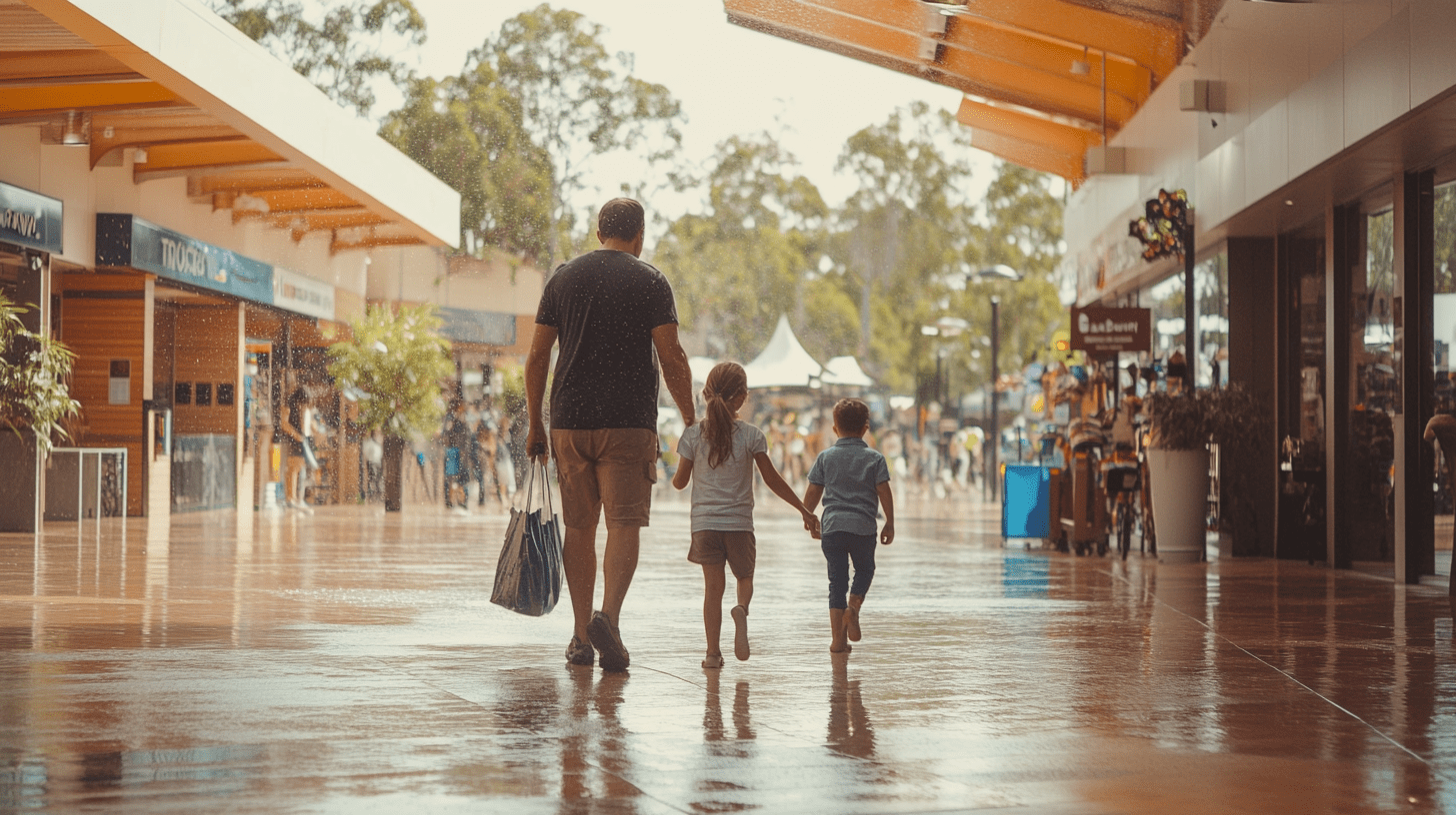 A family walking through the shopping mall in Turvey Park, Wagga Wagga.