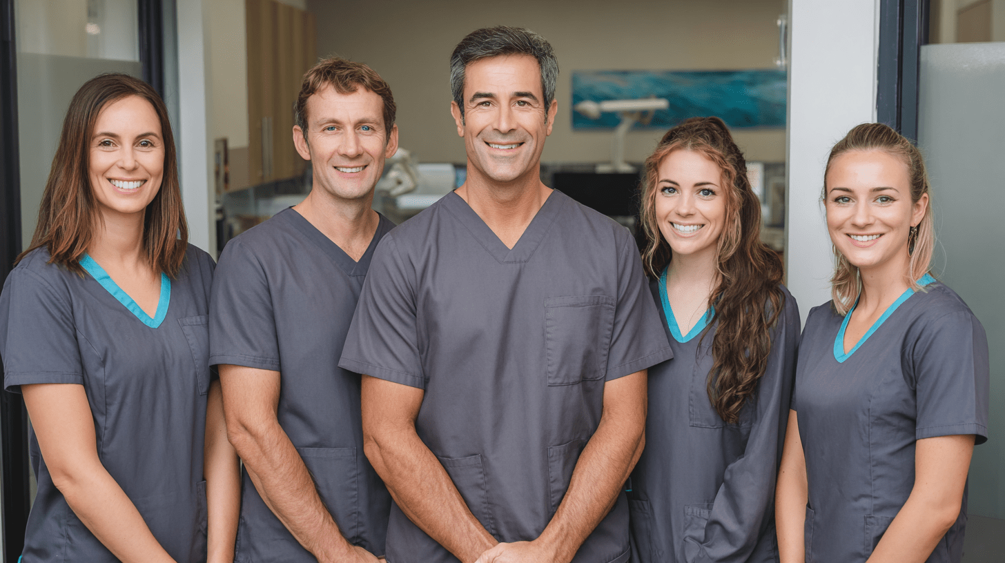 A team of dentists posing for a team photo in their clinic in University Heights, San Diego.