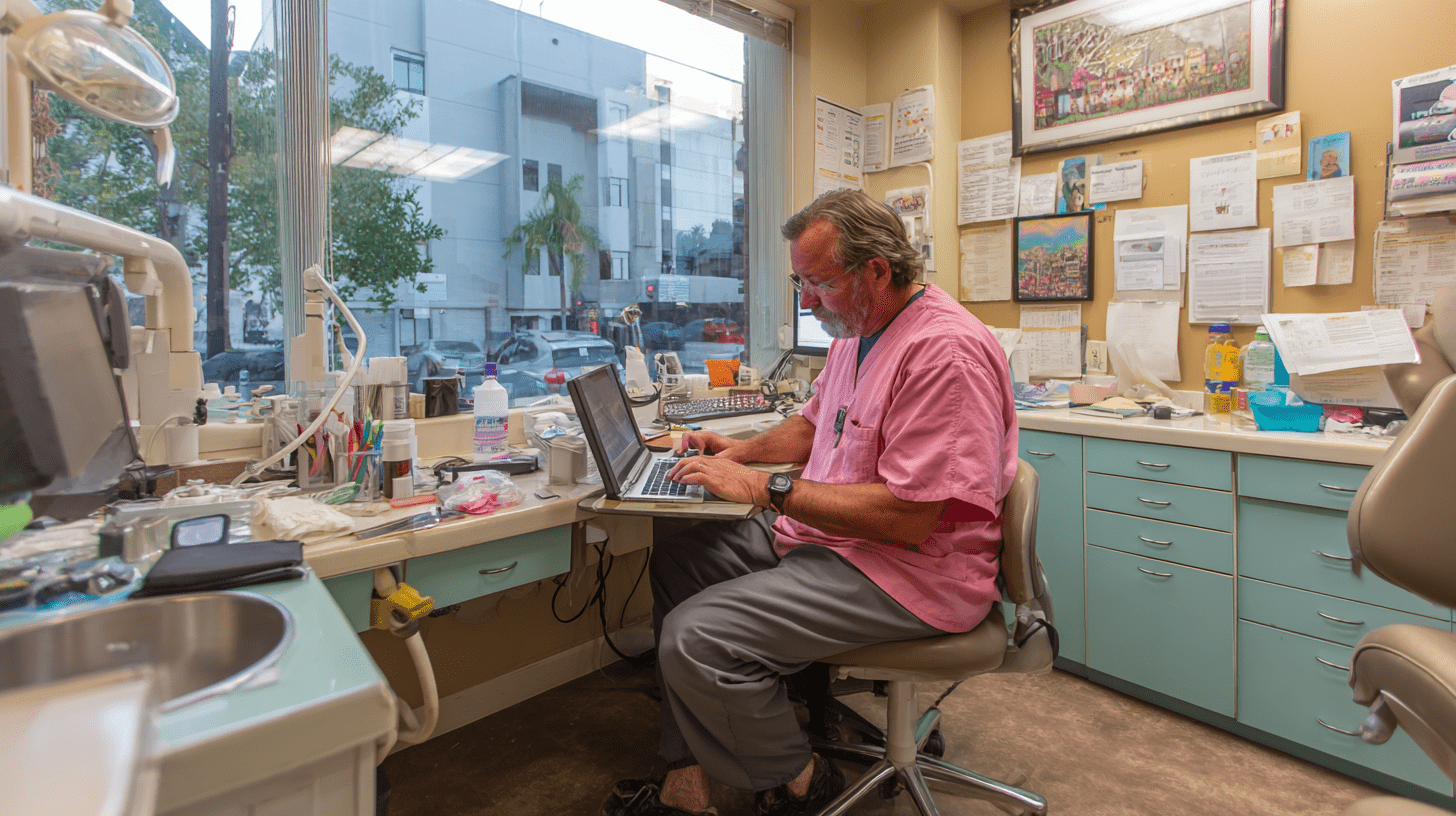 A dentist working on his SEO in his clinic in Vista, San Diego.