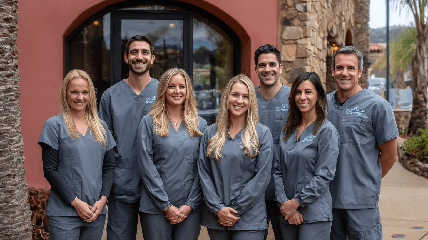 A team of dentists standing outside their clinic in Vista, San Diego.