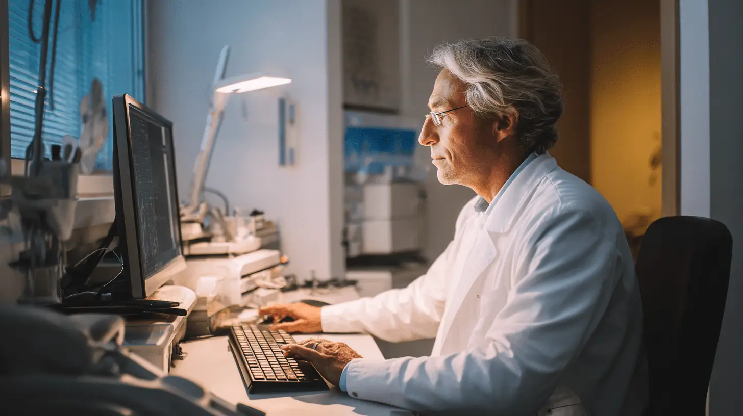 A dentist in his clinic working on his SEO on his computer in Webster, San Diego.