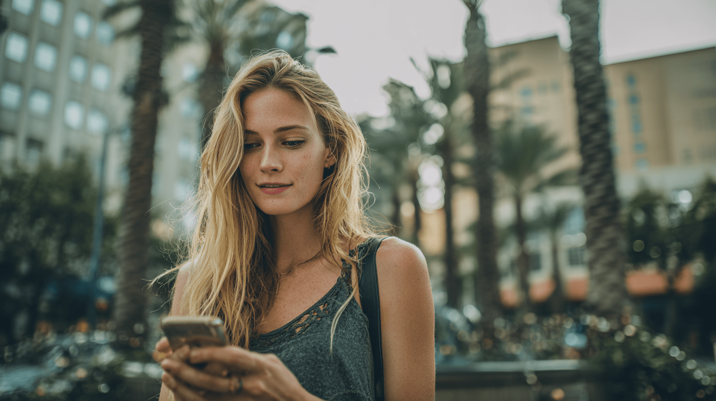 A woman searching for a dentist on her mobile phone in Webster, San Diego.