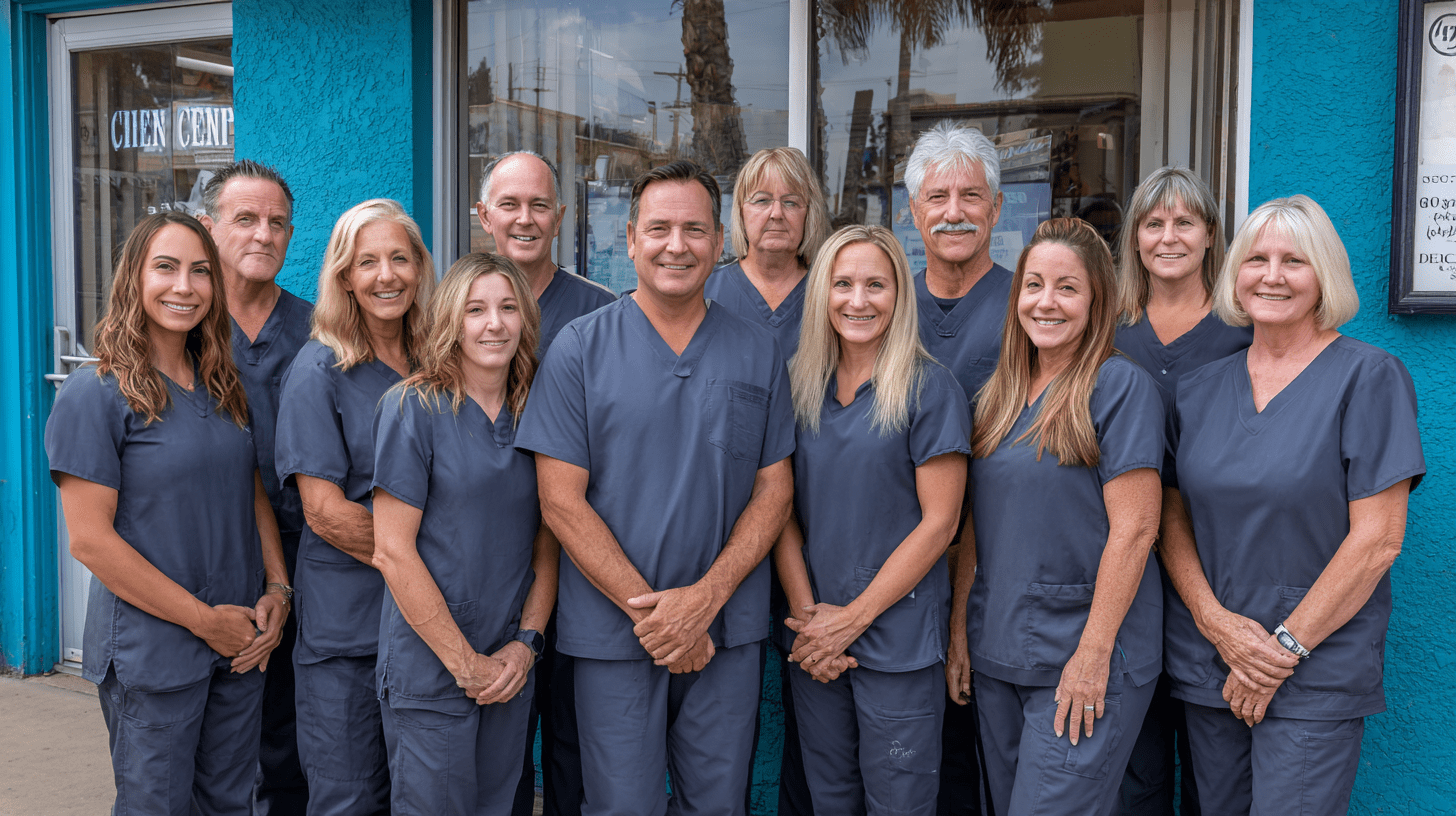 A team of dentists standing outside their clinic in Webster, San Diego.