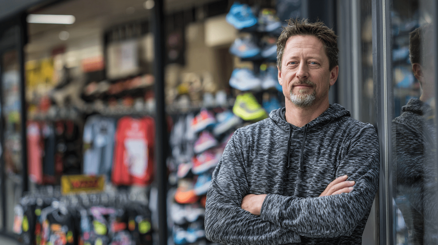 A retail sports store owner standing outside his store in Wendouree, Ballarat.
