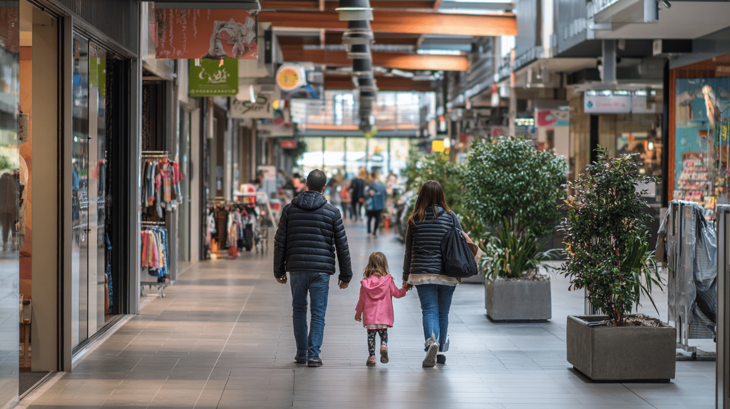 A family walking through the shopping centre in Wendouree, Ballarat.