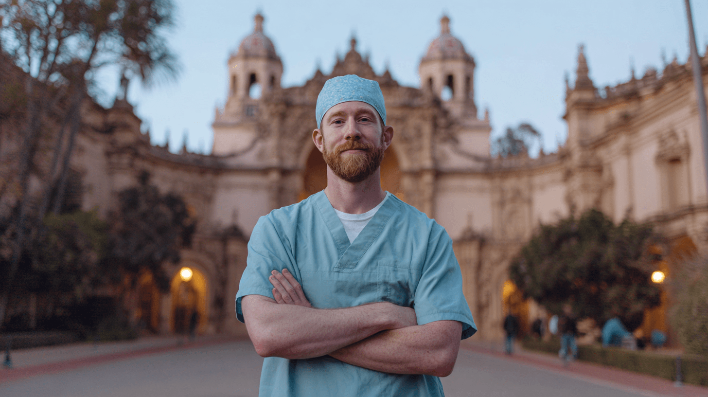 A dentist standing in Balboa Park, San Diego.