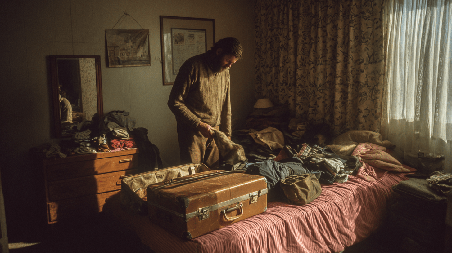A man packing his clothes in his bedroom in Barrow, Alaska.