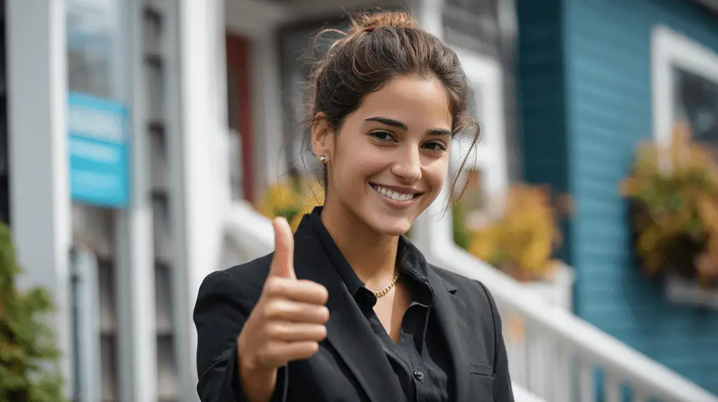 A female corporate lawyer standing outside her office in Bar Harbor, Maine.