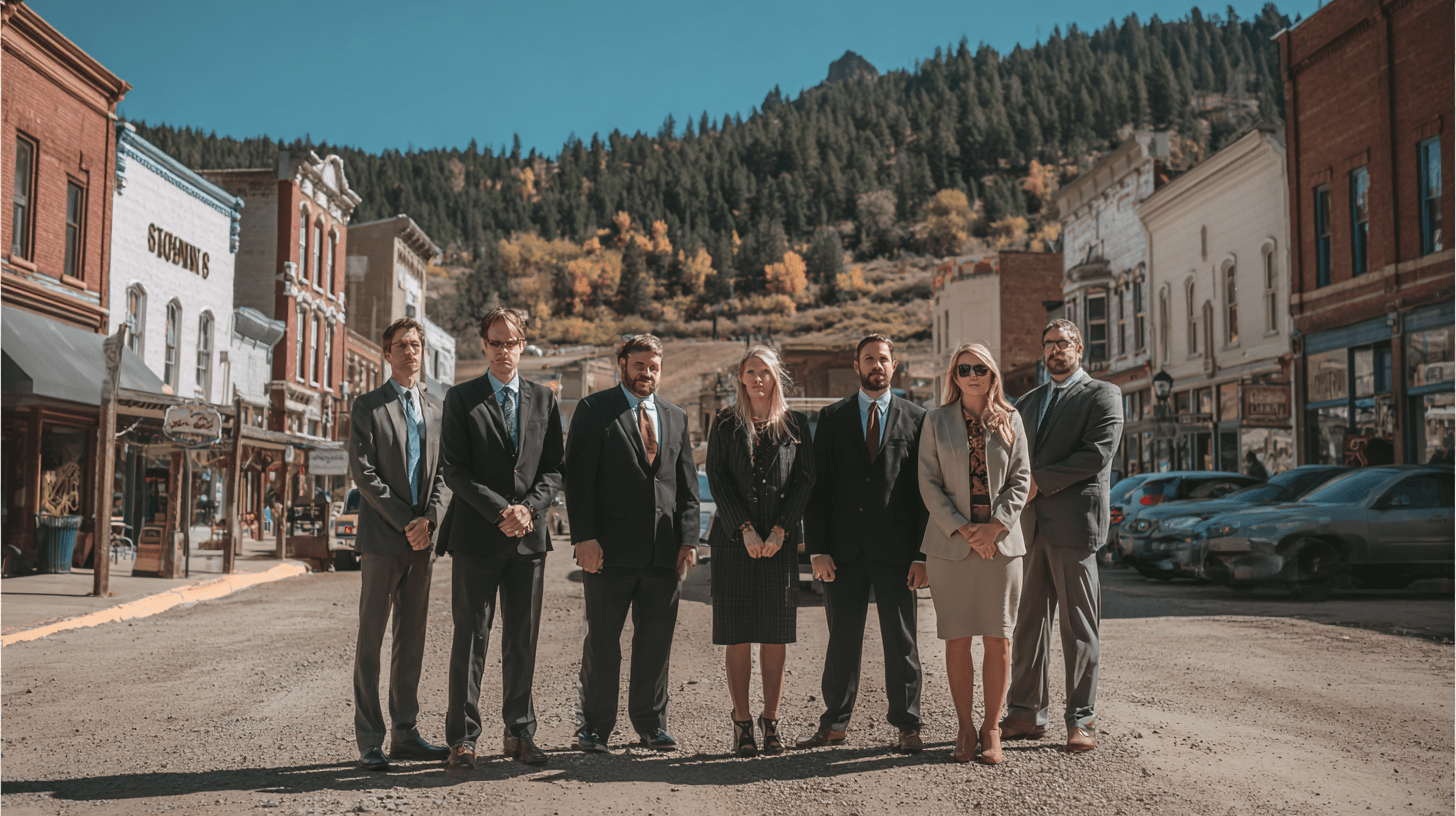 A team of estate lawyers standing in the street in Deadwood, South Dakota.