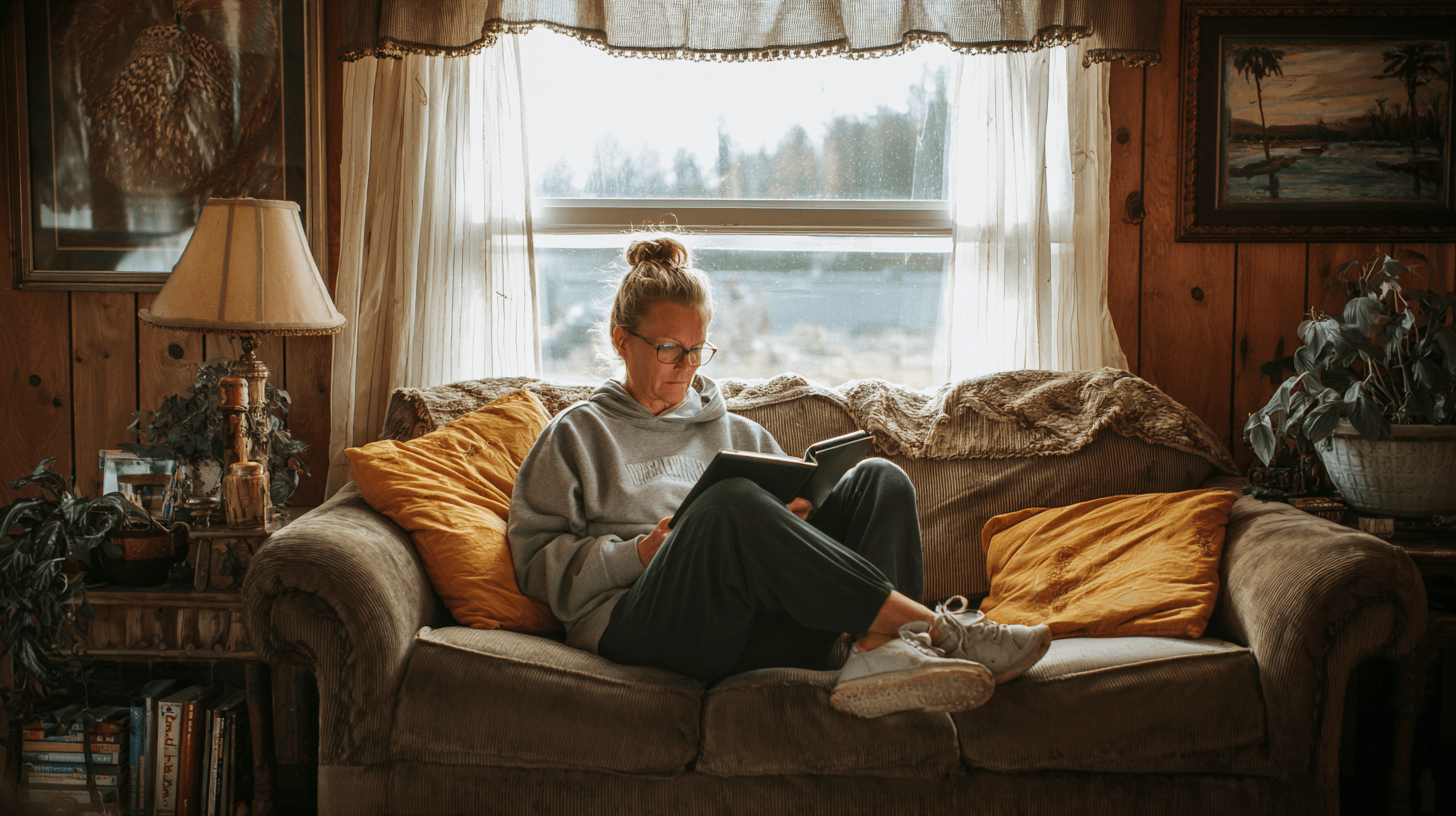 A woman sitting on her couch in her home and learning about estate planning in Deadwood.