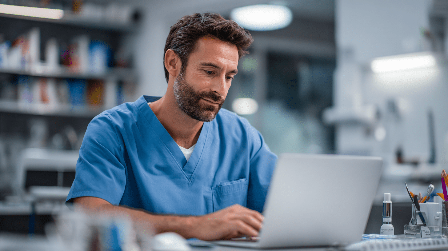 A dentist sitting in his clinic and working on his SEO on a laptop.