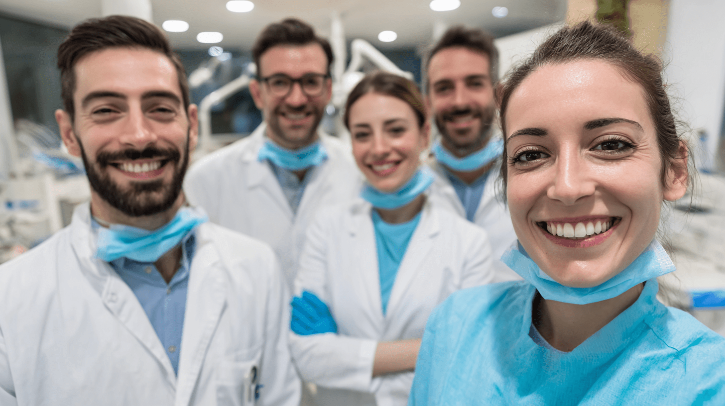 A team of dentists posing for a team photo in their clinic.