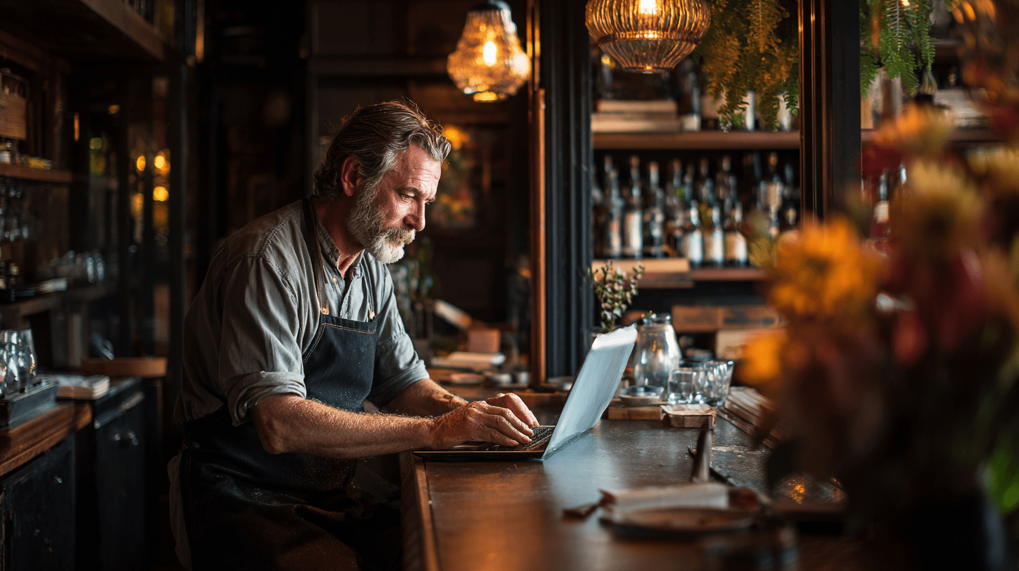 A restaurant woner standing in his restaurant and working on his laptop looking at his SEO analytics.