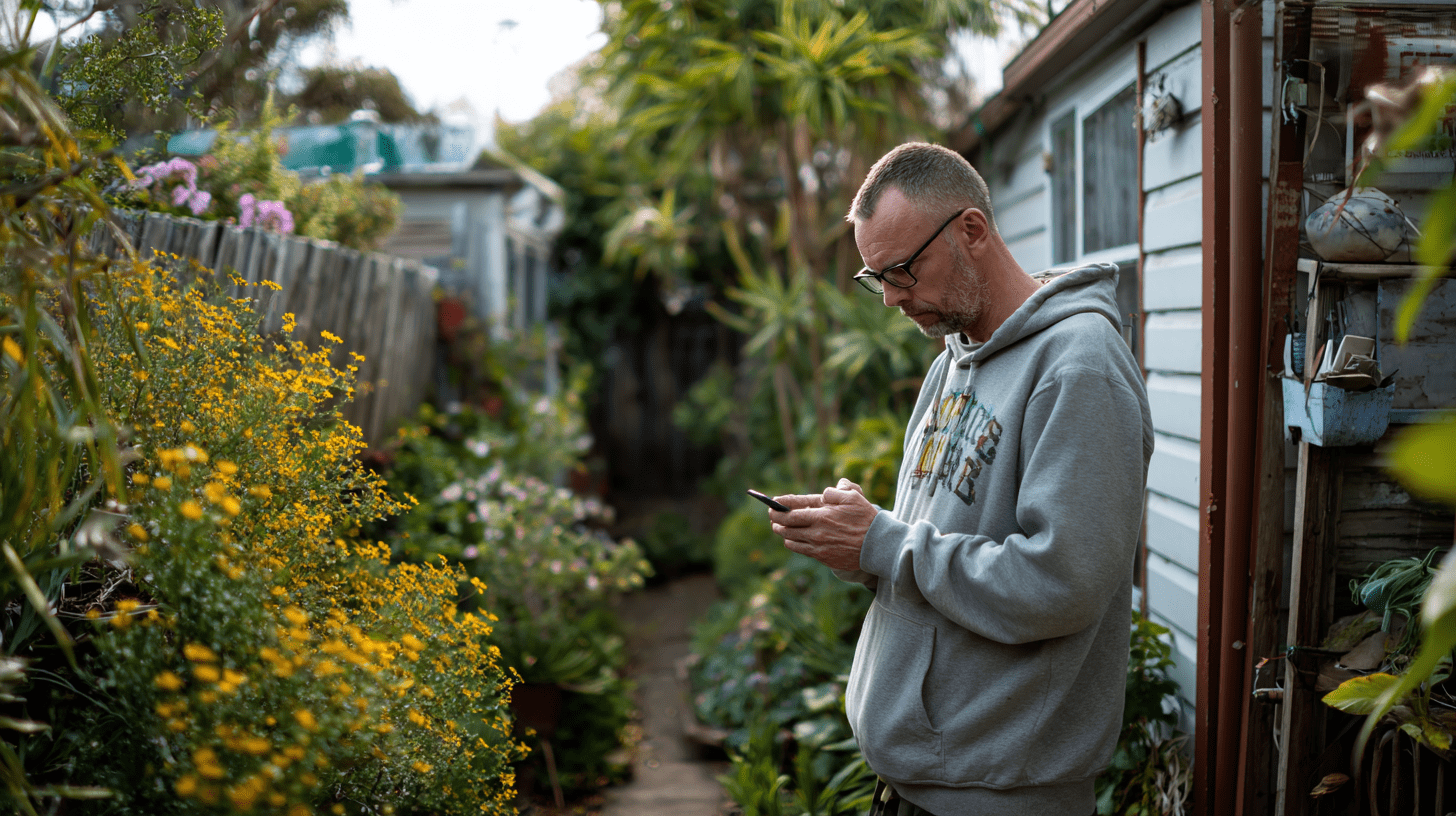 A man standing in his backyard in Eaglehawk, Bendigo.