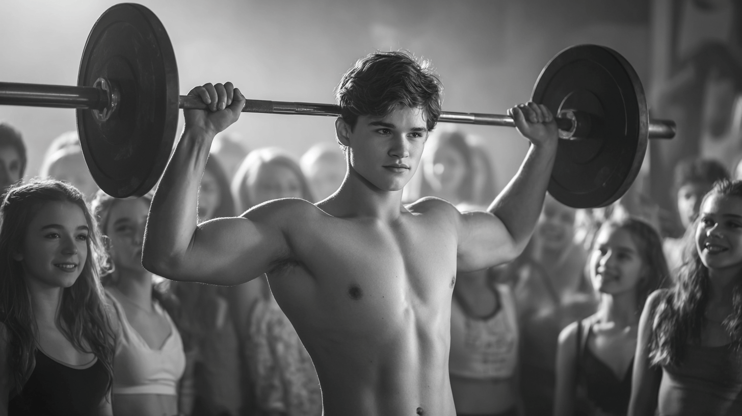 An advertisement for a gym showing a strong young man lifting weights.