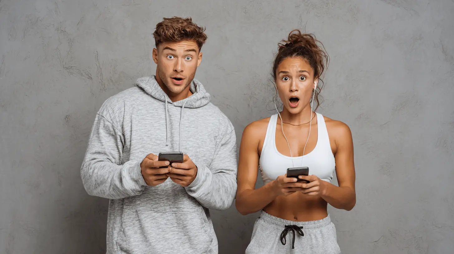 Two gym members looking at a facebook ad on their mobile phones in amazement.