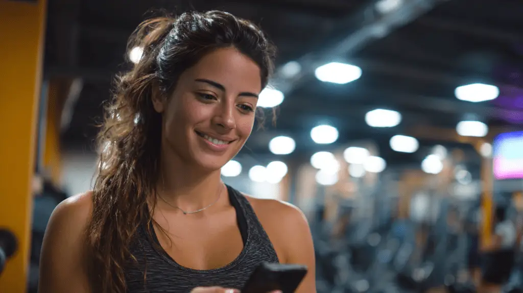 A gym owner looking at her marketing on her mobile phone.