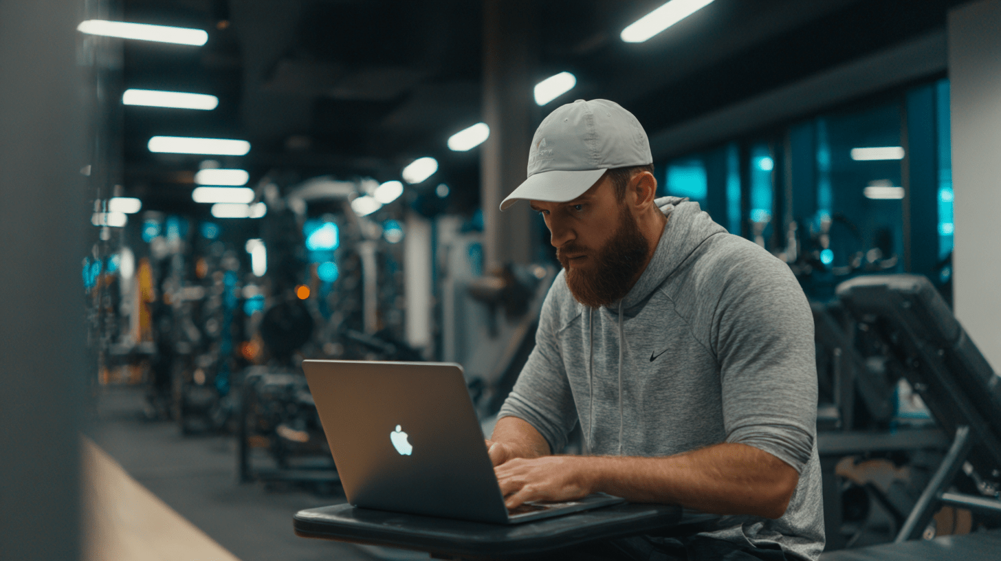 A gym owner working on his digital advertising on his laptop in his gym.