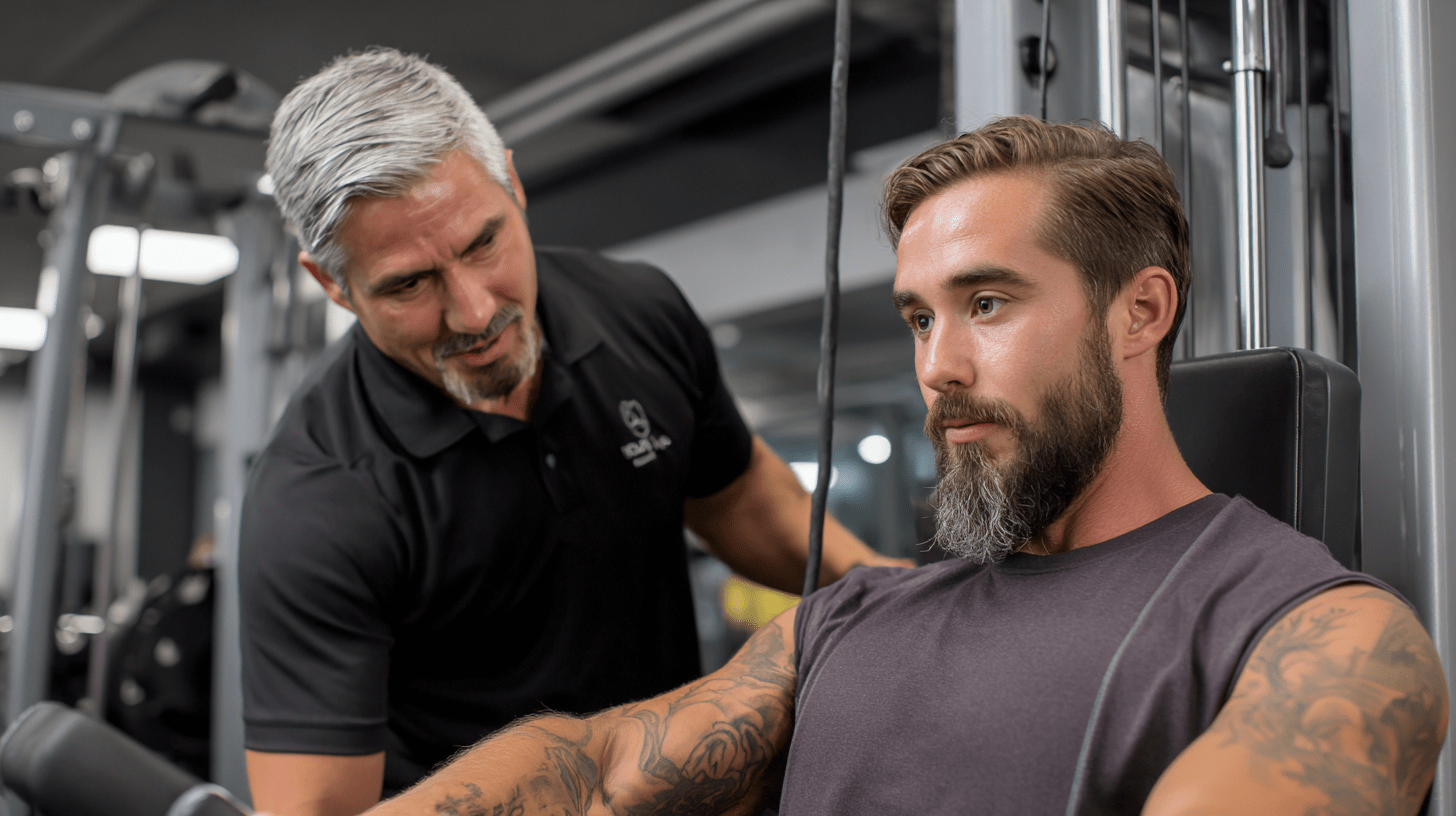A gym owner instructing one of his members in his gym.