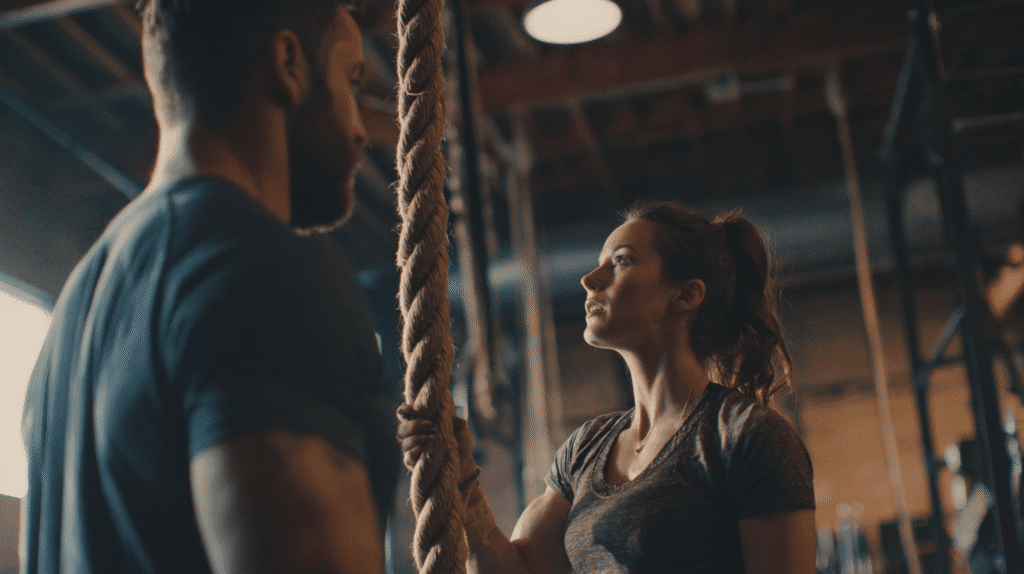 A male gym owner standing next to a member who is about to climb a rope in the gym.