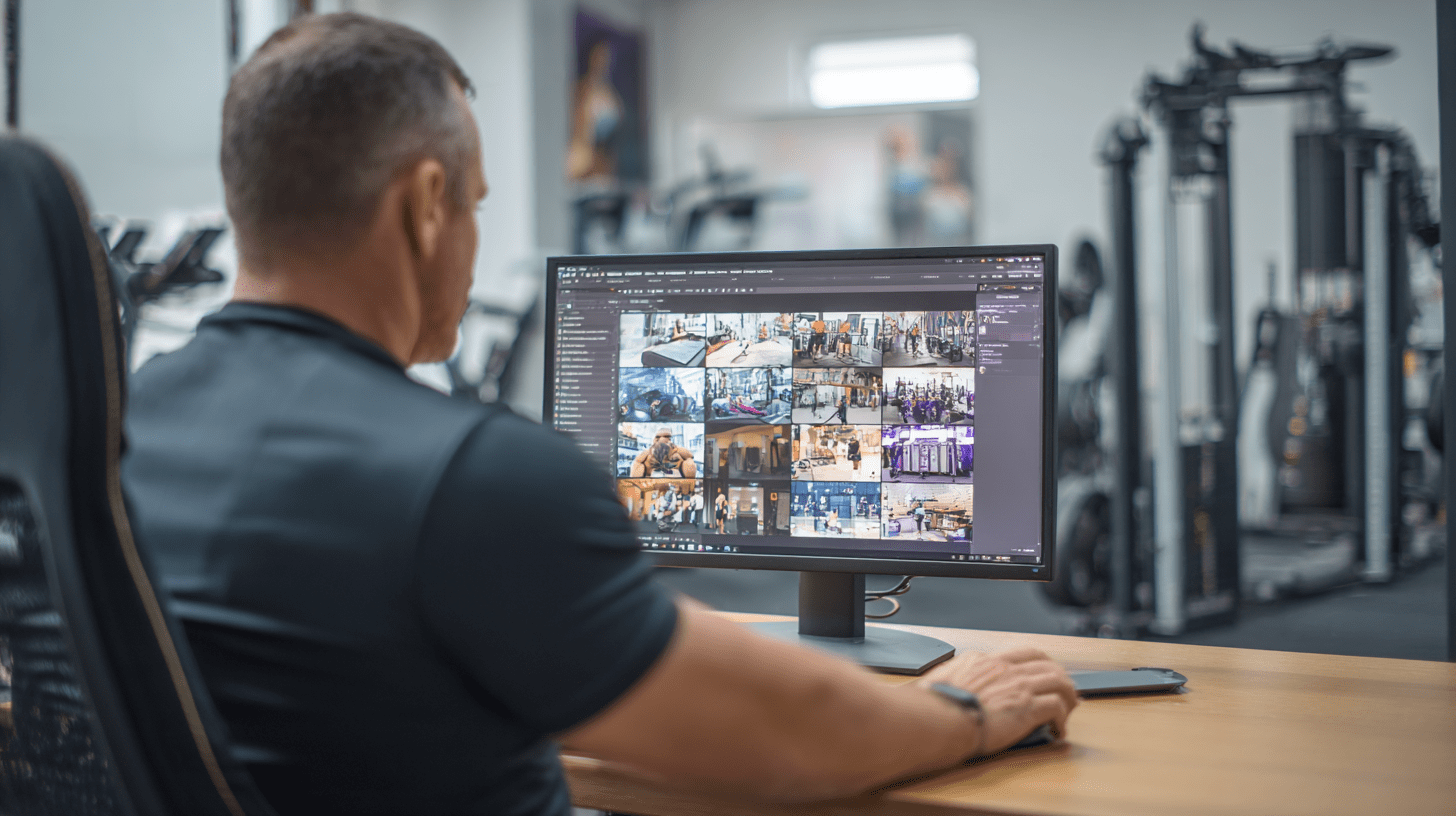 A gym owner working on creating a retargeting ad campaign in his office at his gym.