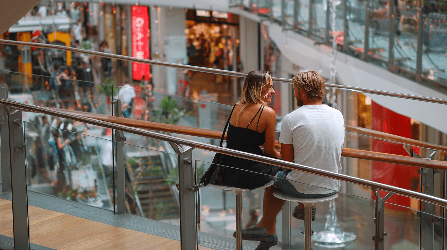 A couple sitting in a shopping centre in Hurstville, Sydney.