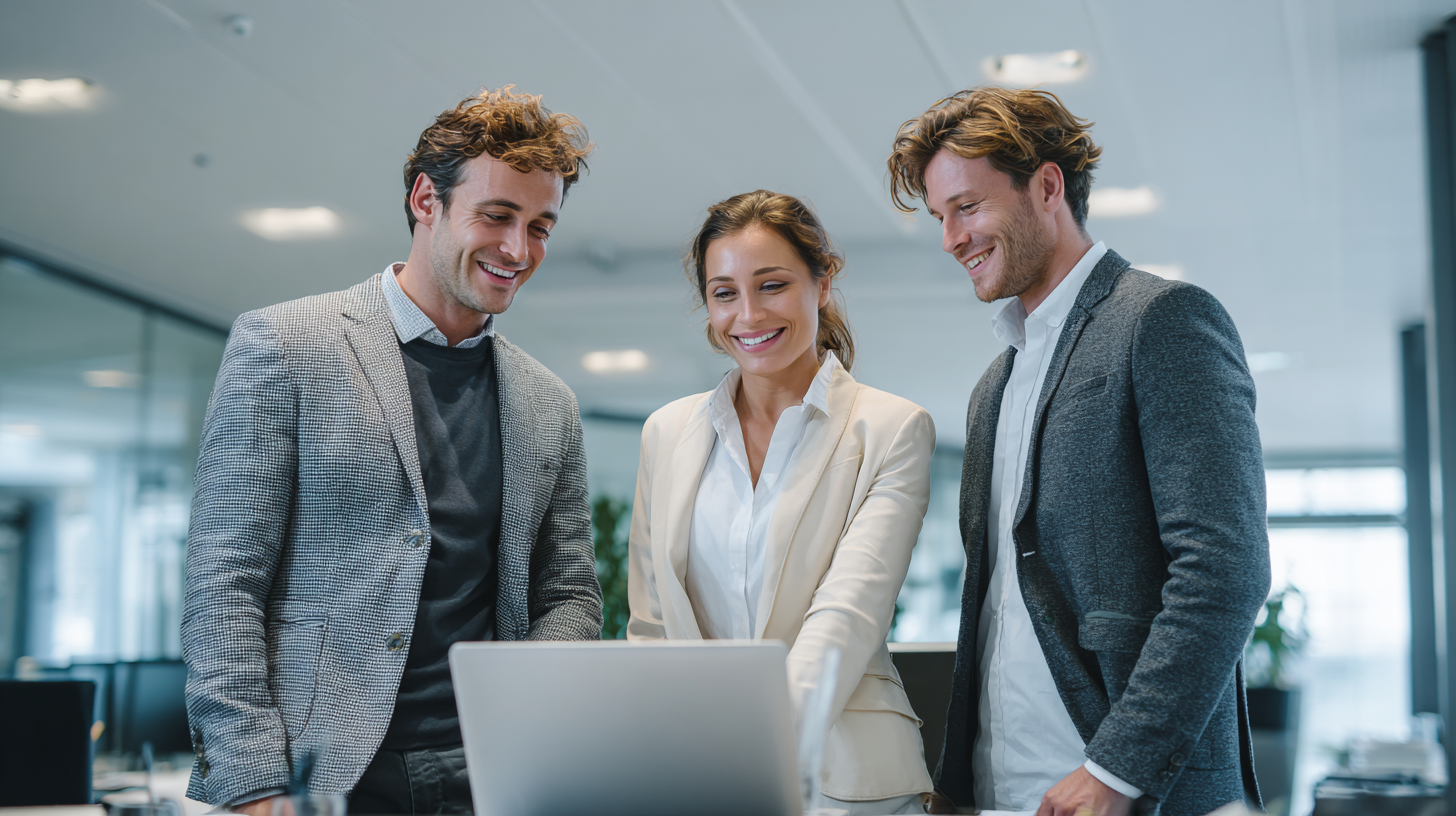 Three real estate agents working on their SEO in their office on a laptop.
