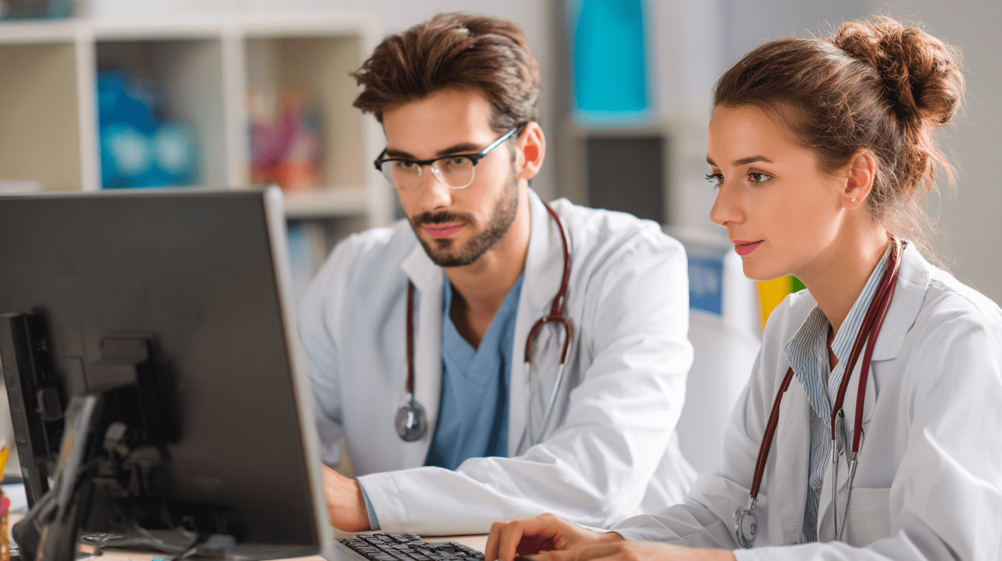 Two doctors working on their SEO on a computer in their clinic in Liverpool, Sydney.
