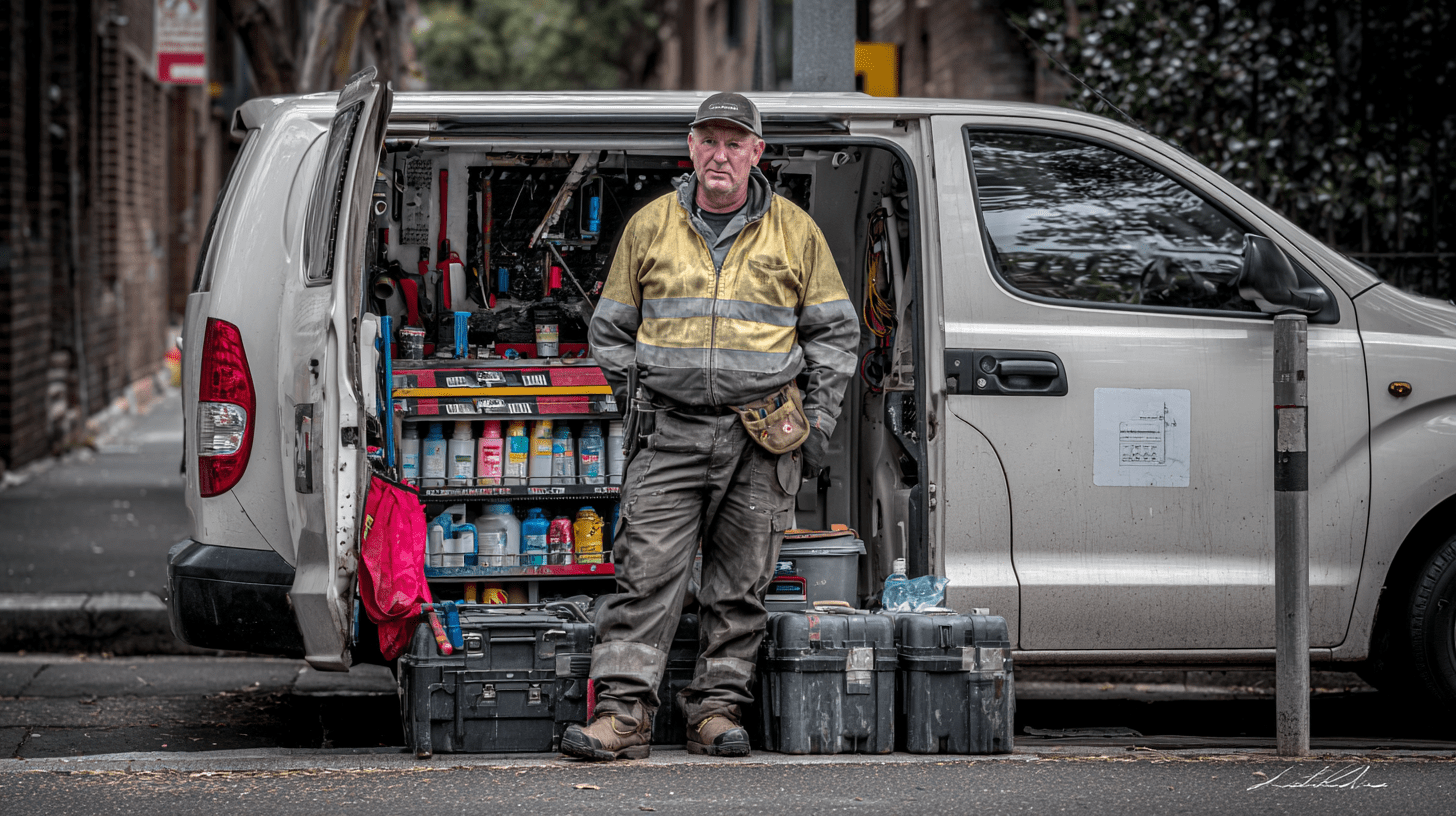 A plumber standing next to his work van in Liverpool, Sydney.