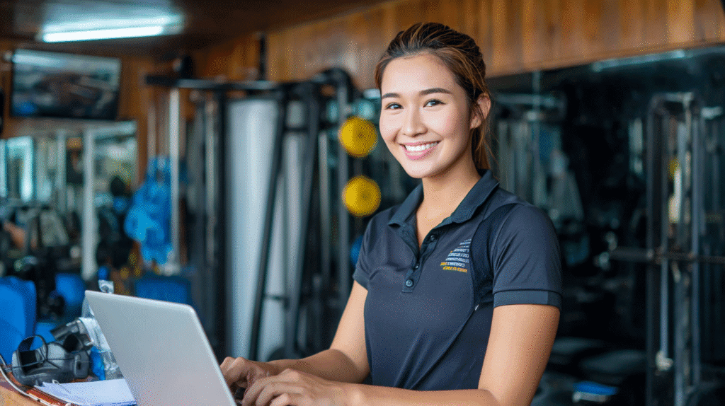 A gym owner working on her local SEO in her gym.