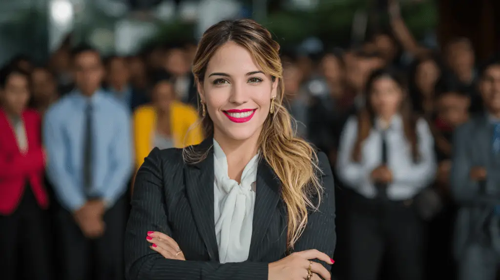 A female lawyer standing in front of a large crowd of local people.