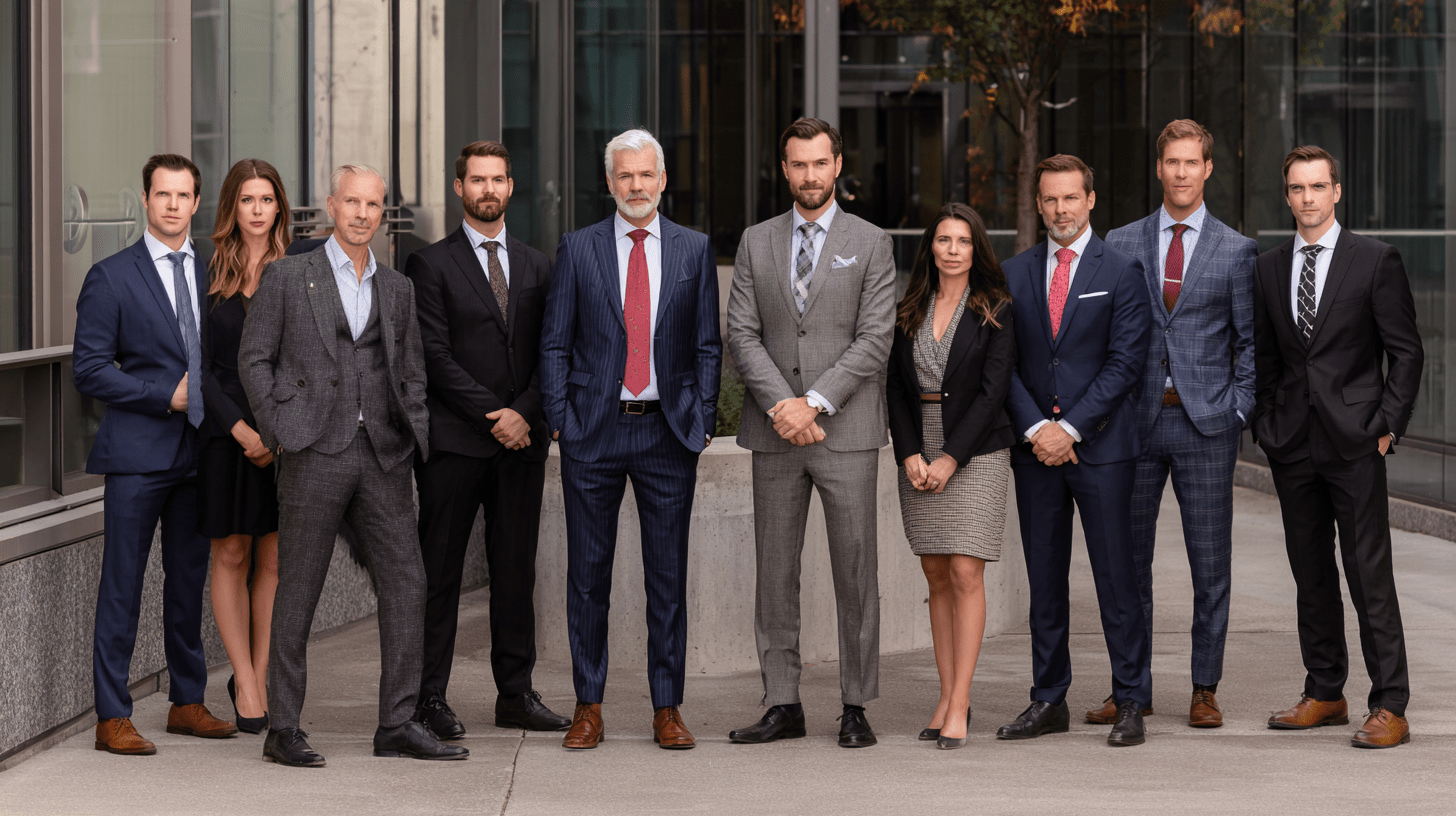 A team of lawyers posing for a team photo outside their office.