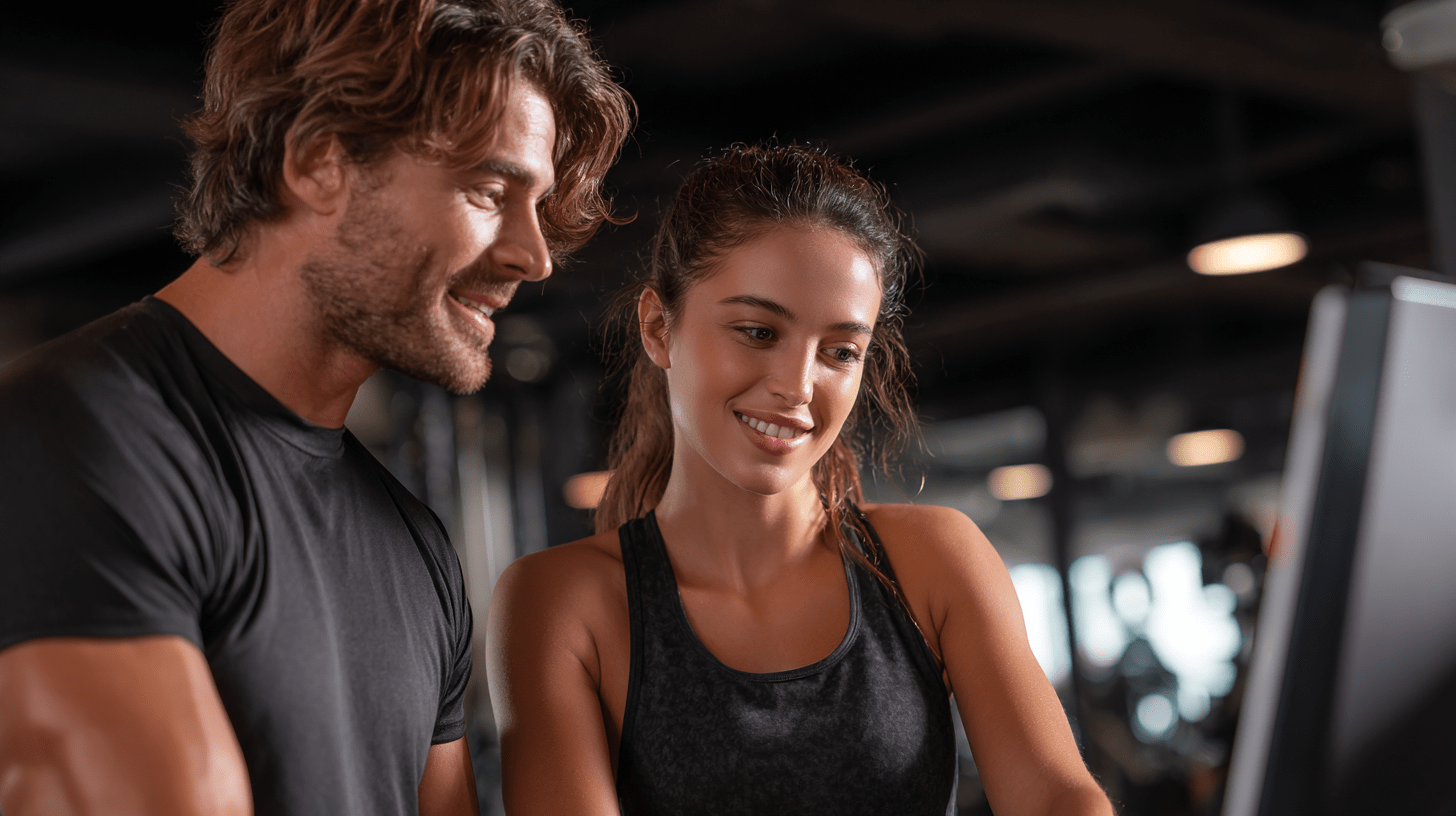 Two gym owners working on a computer and developing advertisements. 