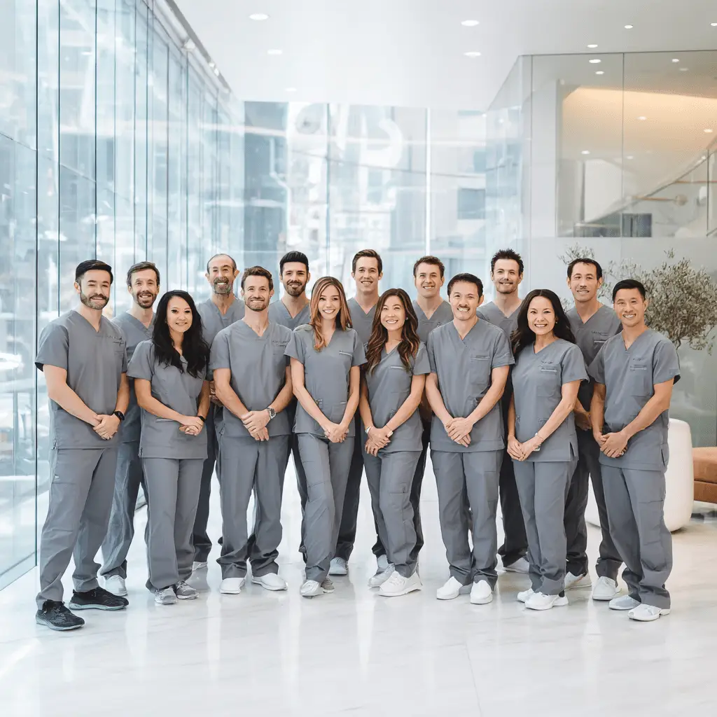 A large team of dentists from a multi-location clinic standing in their clinic.