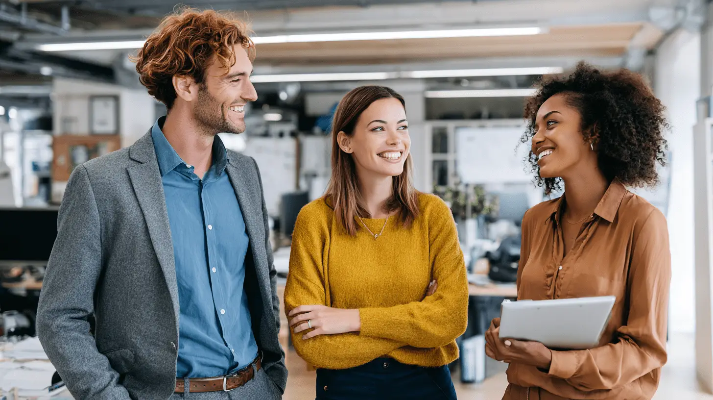 Three Real Estate Agents discussing SEO in their office.