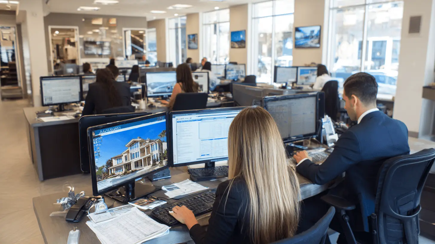 A Real Estate Agency office with Real Estate Agents working at their desks.