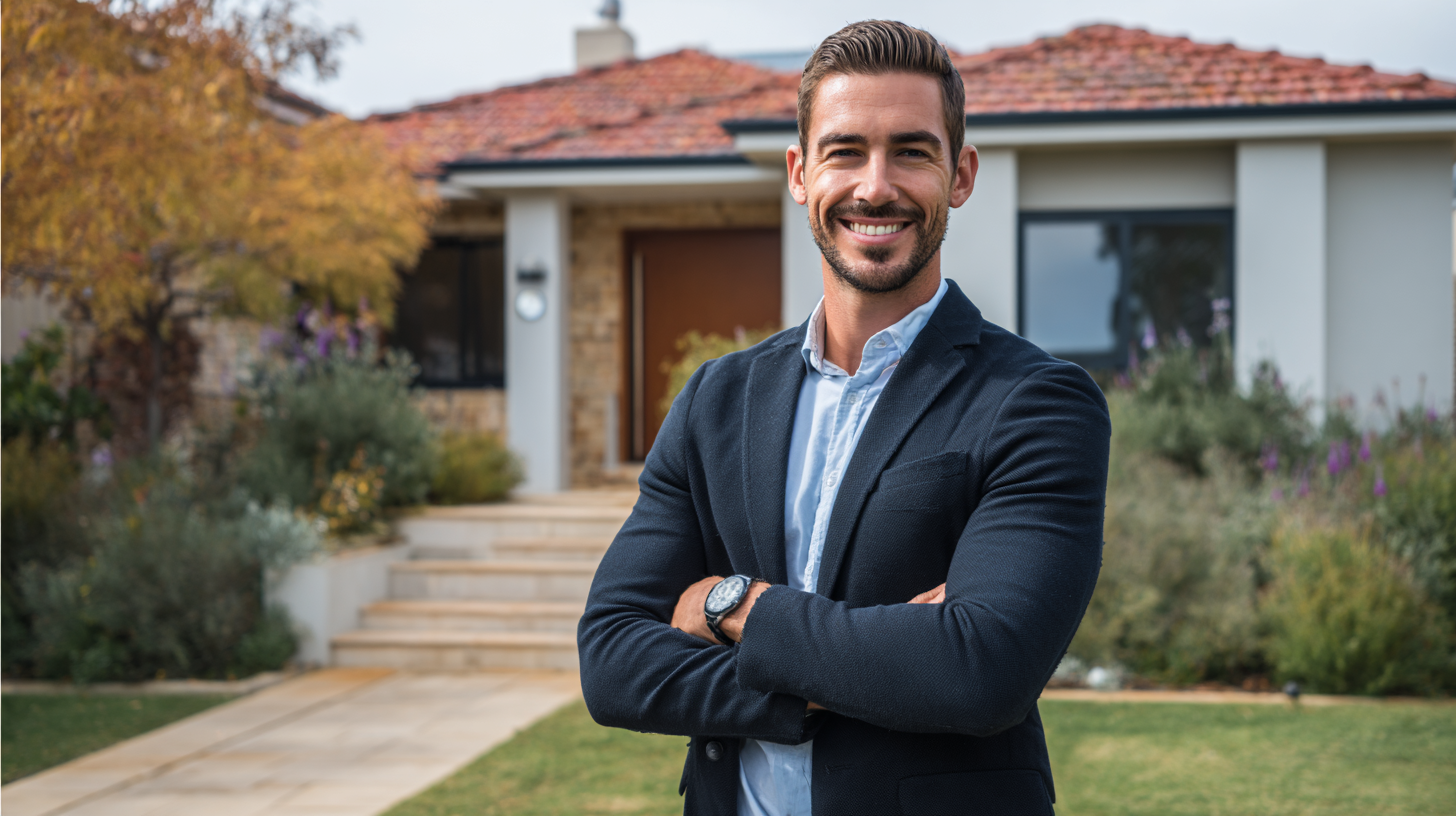 A real estate agent standing outside a property for sale.