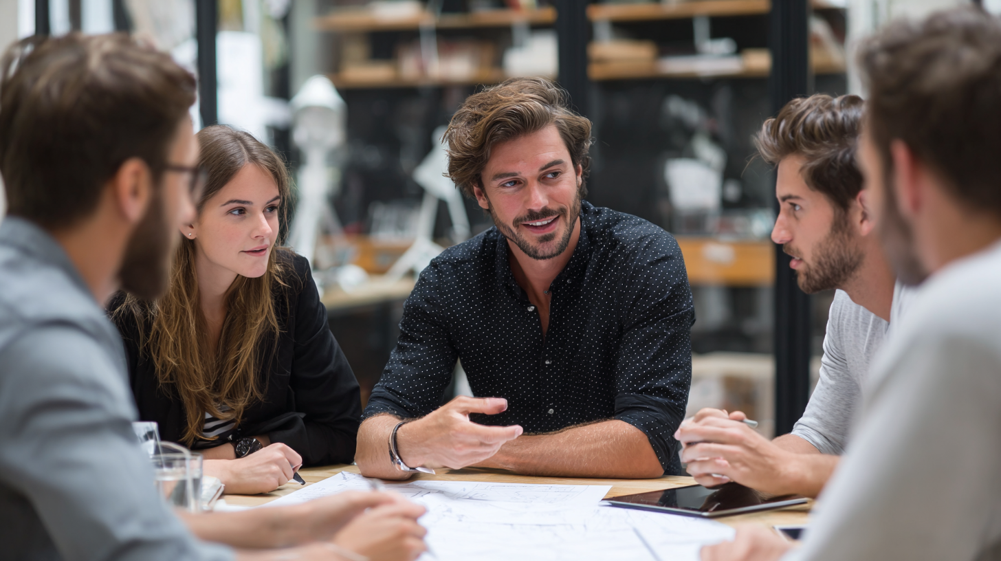 A team of real estate agents discussing their SEO keyword strategy in their office.