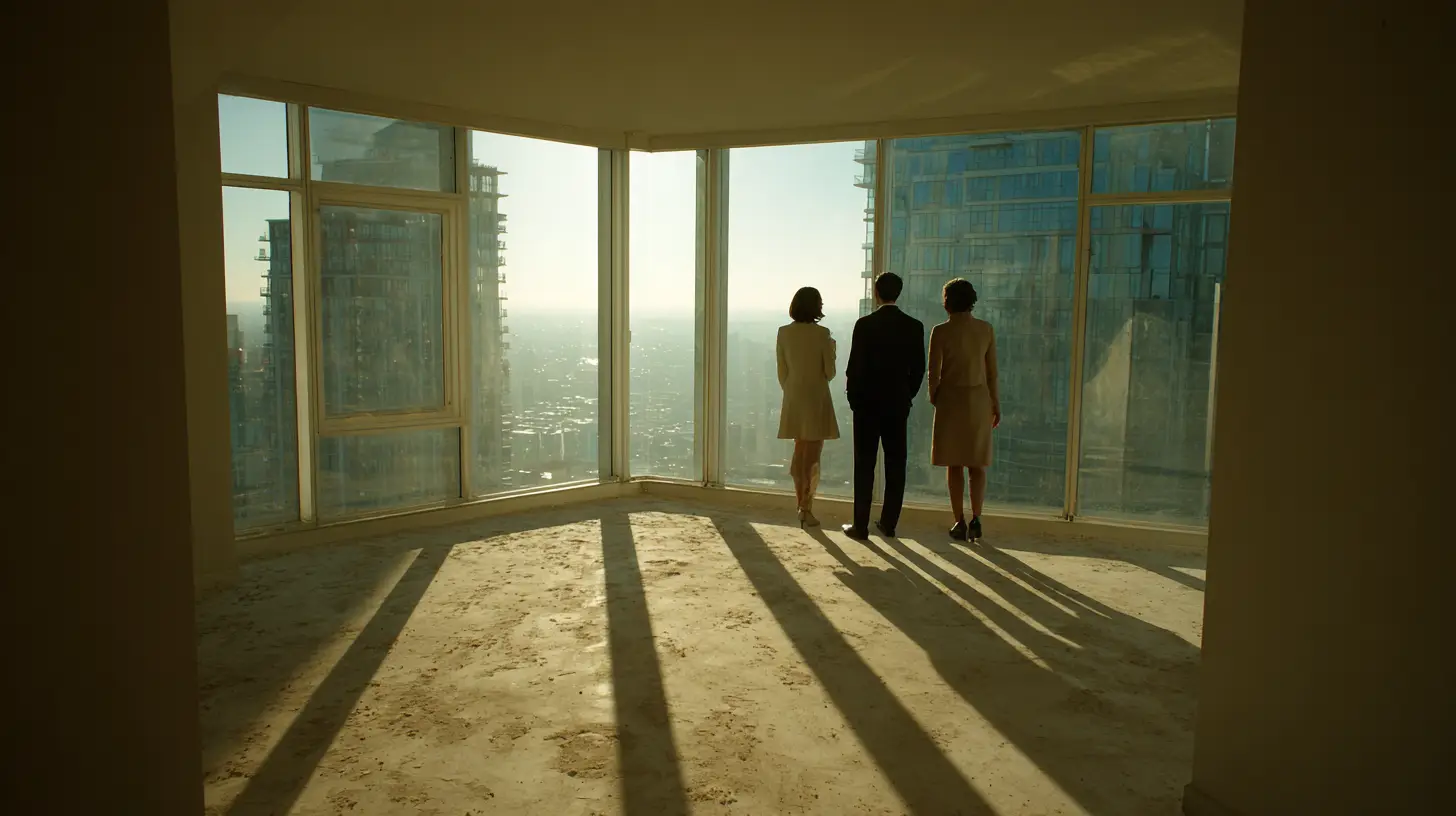 A real estate agent showing a couple through a new unit in a high rise.
