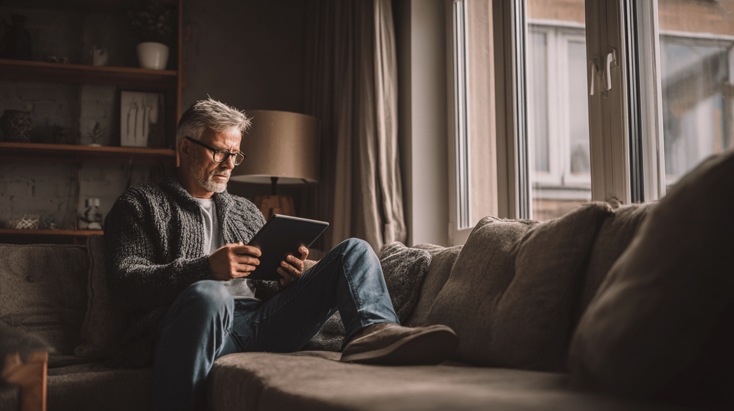 A property investor searching for property on his tablet at home.