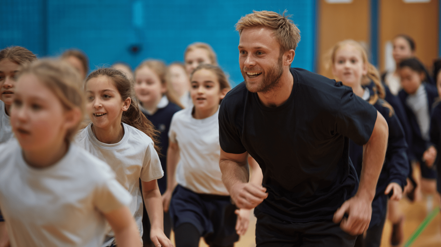 A gym owner teaching a group of school kids about fitness.