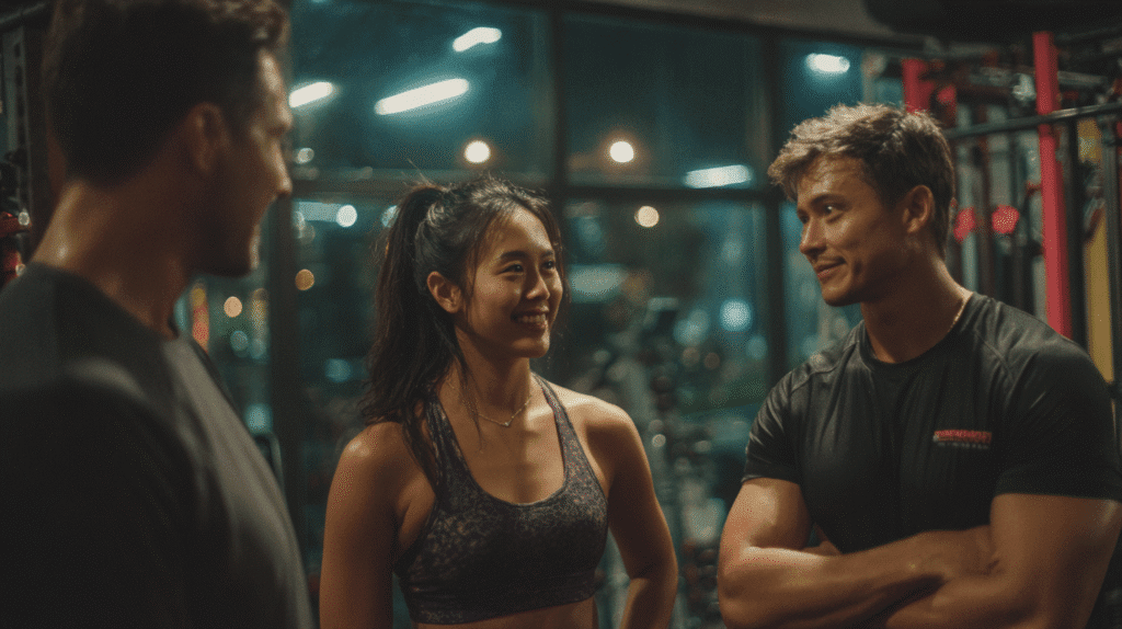 A gym owner talking to her members in her gym late at night.