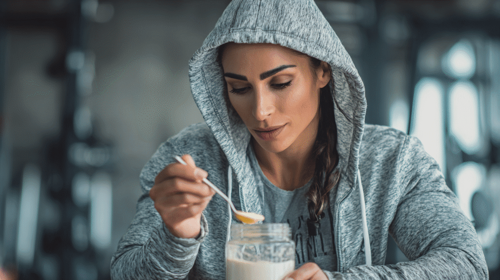 A female gym owner preparing her nutrition supplements in her gym.