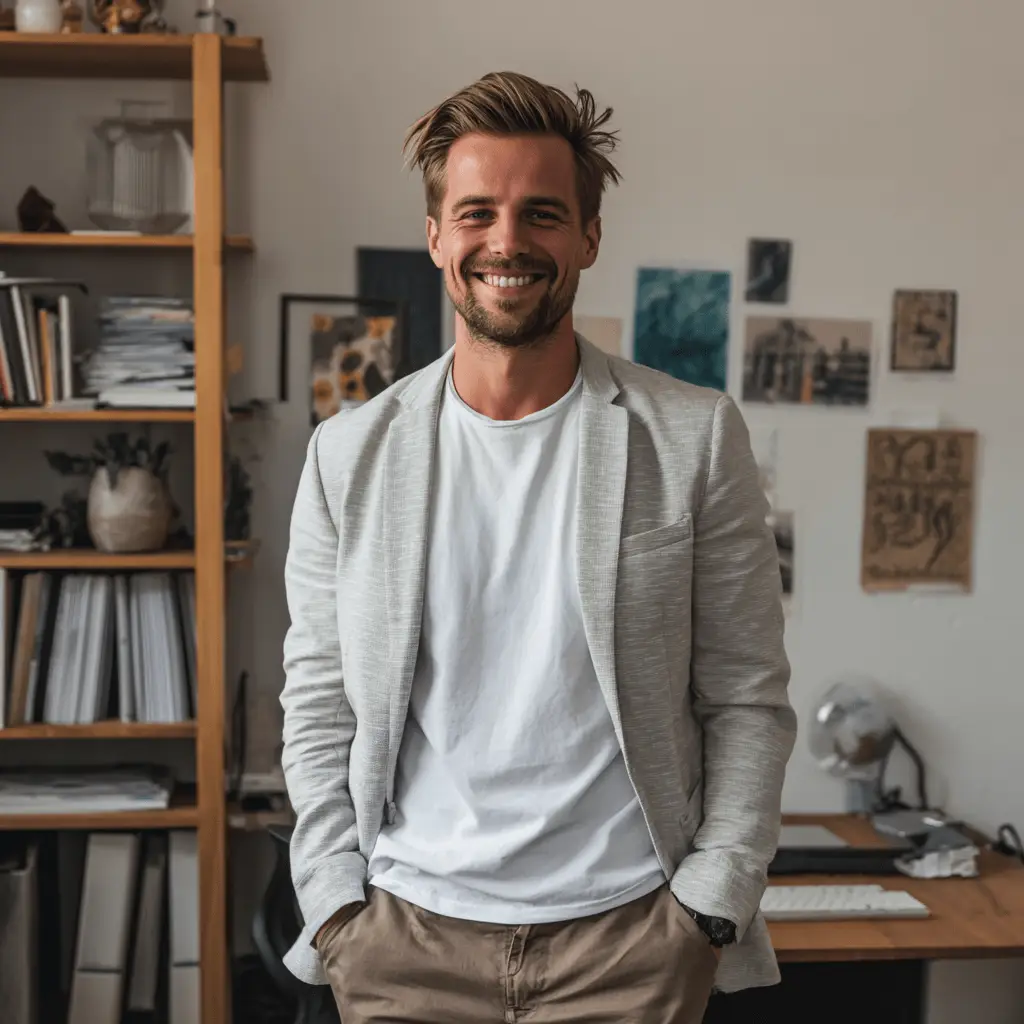 A sole-trader Accountant standing in his home office.
