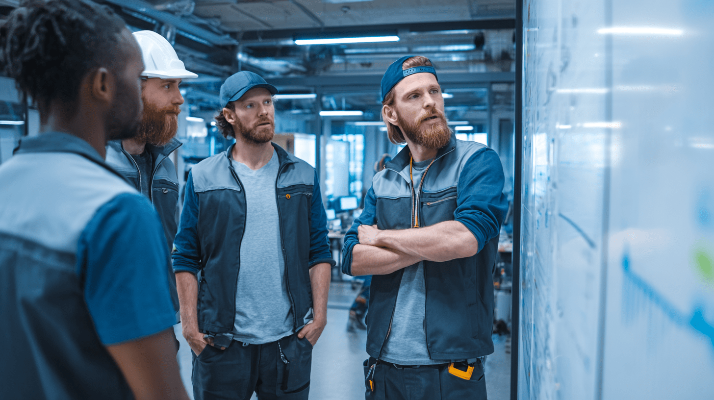 A team of tradesmen looking at their social media analytics in their office.